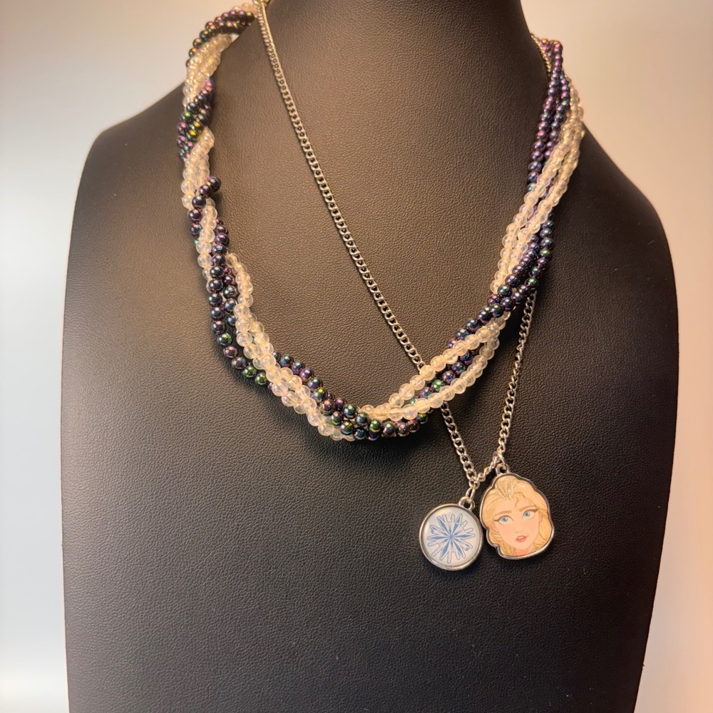Disney Frozen Elsa Necklace Set Silver Purple Glass Bead Twisted Kidcore Boho